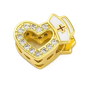 Rack Plating Brass Micro Pave Cubic Zirconia Beads with Enamel, Long-Lasting Plated, Cadmium Free & Lead Free, Heart