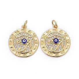 Brass Micro Pave Clear Cubic Zirconia Pendants, with Enamel & Jump Rings, Long-Lasting Plated, for Religion, Flat Round with The Eye of Horus