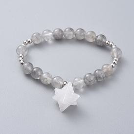 Gemstone Stretch Charm Bracelets, with Round Brass Beads, Merkaba Star, Platinum