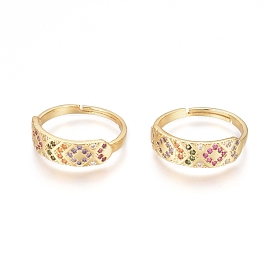 Adjustable Brass Micro Pave Cubic Zirconia Finger Rings, Long-Lasting Plated, Rhombus Pattern