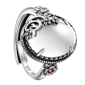 Регулируемые кольца shegrace 925 из стерлингового серебра, с кошачий глаз, овальные с цветком, античное серебро
