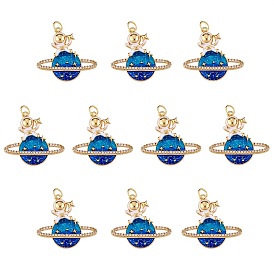 10Pcs Eco-Friendly Brass Micro Pave Cubic Zirconia Pendants, with Enamel, Long-Lasting Plated, Lead Free & Cadmium Free & Nickel Free, Real 18K Gold Plated, Planet