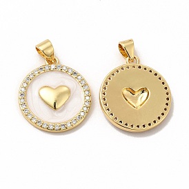 Rack Plating Brass Micro Pave Cubic Zirconia Charms, with Enamel, Cadmium Free & Lead Free, Real 18K Gold Plated, Long-Lasting Plated, Flat Round with Heart Pattern Charm