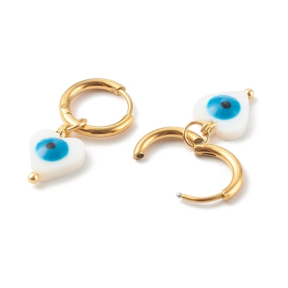304 Stainless Steel Huggie Hoop Earrings, with Natural Shell Beads, Heart with Evil Eye, Dodger Blue