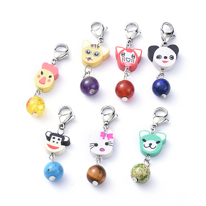 Handmade Polymer Clay Pendant Decorations Sets, with 304 Stainless Steel Lobster Claw Clasps and Natural Gemstone Round Beads, Animal