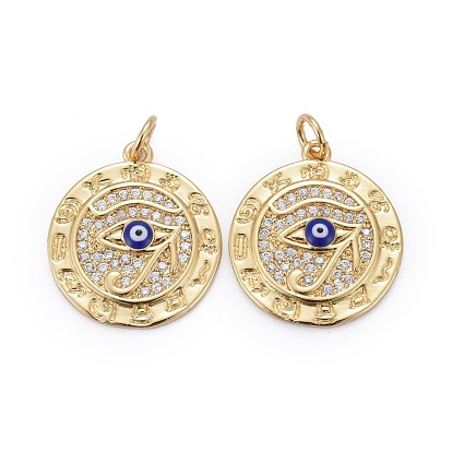 Brass Micro Pave Clear Cubic Zirconia Pendants, with Enamel & Jump Rings, Long-Lasting Plated, for Religion, Flat Round with The Eye of Horus