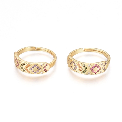 Adjustable Brass Micro Pave Cubic Zirconia Finger Rings, Long-Lasting Plated, Rhombus Pattern