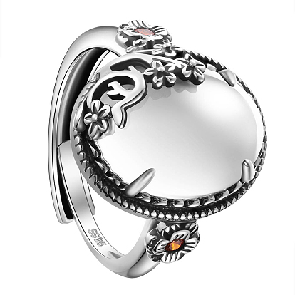 925 Sterling Silver Adjustable Rings, with Cat Eye, Oval with Flower, Antique Silver