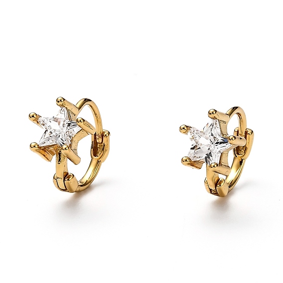 Brass Micro Pave Clear Cubic Zirconia Huggie Hoop Earrings, Ring with Star