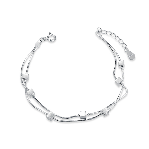 SHEGRACE Sparkling Platinum Plated 925 Sterling Silver Double Layered Bracelet, with Wiredrawing Cube Beads, 160mm