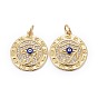 Brass Micro Pave Clear Cubic Zirconia Pendants, with Enamel & Jump Rings, Long-Lasting Plated, for Religion, Flat Round with The Eye of Horus