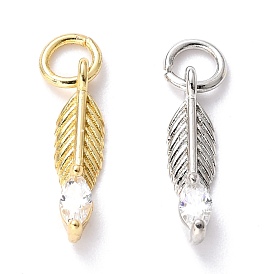 Brass Micro Pave Clear Cubic Zirconia Pendants, Feather