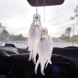 Alloy Woven Net/Web with Feather Pendant Decotations, with Dyed Feather, Wall Hanging Ornament for Car, Home Decor, Flat Round with Flower