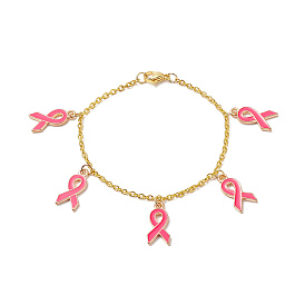 Pink Breast Cancer Awareness Ribbon Alloy Enamel Charm Bracelet, Iron Jewelry for Women