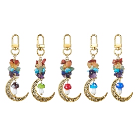 Alloy Hollow Moon & Lampwork Mushroom Pendant Decorations, Natural & Synthetic Mixed Stone Chip and Swivel Clasps Charm