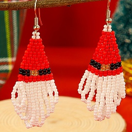 Christmas Style Tassel Dangle Earrings, with Hat Pattern Glass Beads Handmade, Platinum