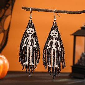 Skull Pattern Glass Bead Handmade Tassel Earrings for Women