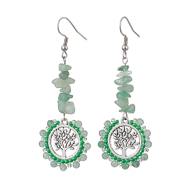 Alloy with Glass & Green Aventurinee & Tourmaline & Apatite Dangle Earrings, Tree of life