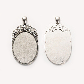 Tibetan Style Alloy Oval Pendant Cabochon Settings, Cadmium Free & Lead Free, Tray: 30x40mm, 60x32x2mm, Hole: 5x7mm, about 120pcs/kg