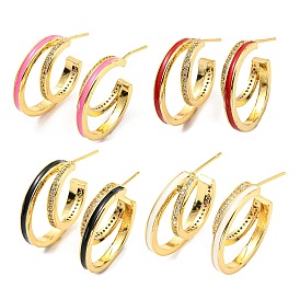 Enamel Round Stud Earrings with Cubic Zirconia, Real 18K Gold Plated Brass Half Hoop Earrings, Cadmium Free & Lead Free