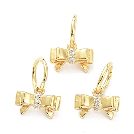 Brass Micro Pave Clear Cubic Zirconia Charms, with Jump Ring, Long-Lasting Plated, Bowknot