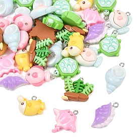 Marine Organism Theme Opaque Resin Pendants, Mixed Shapes Charm, with PLatinum Iron Loop
