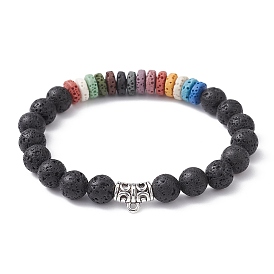 Dyed Natural Lava Rock Beaded Stretch Bracelets for Women, with Alloy Tube Beaded