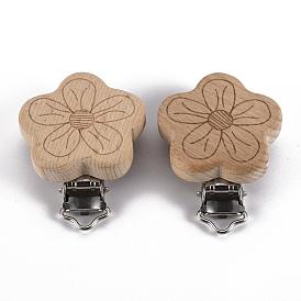 Pinzas porta chupetes de madera de haya, con clips de hierro, flor, Platino