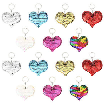 14шт. 7 цвета ПВХ светоотражающий брелок в форме сердца с пайетками, с железной фурнитурой с платиновым покрытием, украшение для автомобильного брелка, платина