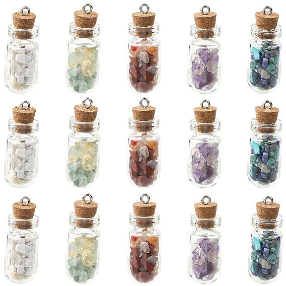 20 шт. 5 стили прозрачная стеклянная бутылка желаний с подвесками из смешанных драгоценных камней внутри, с железными петлями, платина