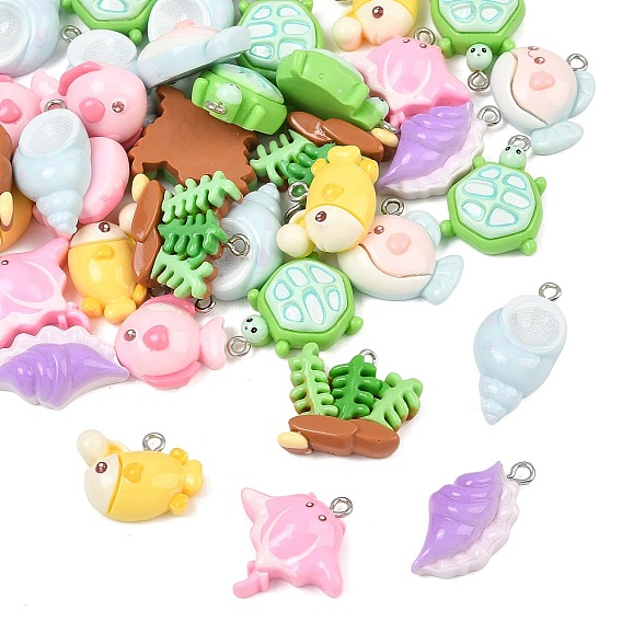 Marine Organism Theme Opaque Resin Pendants, Mixed Shapes Charm, with PLatinum Iron Loop