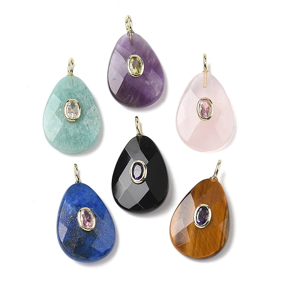 Драгоценный камень подвески, Подвески-капли в форме огранённых капель с латунной микропаве из кубических цирконий случайных цветов, золотые