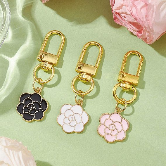 3Pcs 3 Colors Flower Alloy Enamel Pendant Decorations, Swivel Clasps Charms for Bag Ornaments