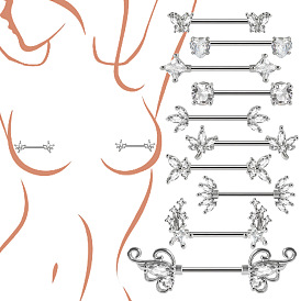 304 Кольца для сосков из нержавеющей стали с прозрачным кубическим цирконием, булавки для пирсинга сосков, цвет нержавеющей стали