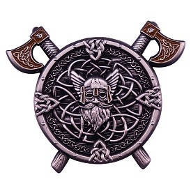 Viking Warrior Knot Alloy Brooches for Men, Flat Round with Hatchet