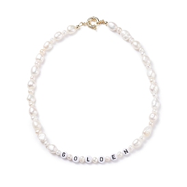 Natural Pearl Beaded Necklace with Word Golden Acrylic Beads for Women