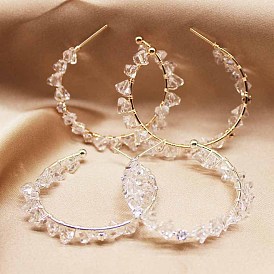 Boucles d'oreilles pendantes en diamant et quartz craquelé naturel, boucles d'oreilles demi-créoles