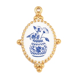 Pendentifs en acier inoxydable imprimés, vase ovale orné de breloques en porcelaine bleue et blanche