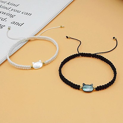Cat Shaped Natural Shell Braided Bead Bracelets, Adjustable Polyester Cord Bracelets for Women
