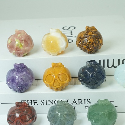 Gemstone Carved Healing Skull Figurines, Reiki Energy Stone Display Decorations