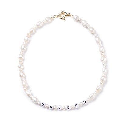 Natural Pearl Beaded Necklace with Word Golden Acrylic Beads for Women