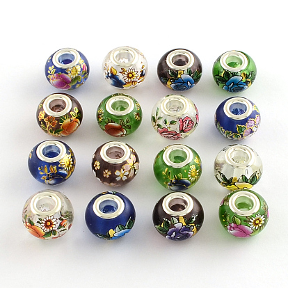 Large Hole Rondelle Flower Pattern Glass European Beads, with Silver Color Plated Brass Double Cores, 14~15x11mm, Hole: 4.5~5mm
