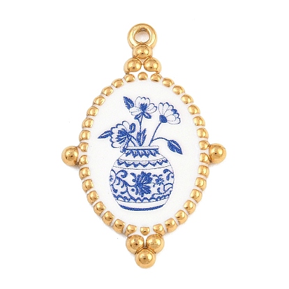 Pendentifs en acier inoxydable imprimés, vase ovale orné de breloques en porcelaine bleue et blanche