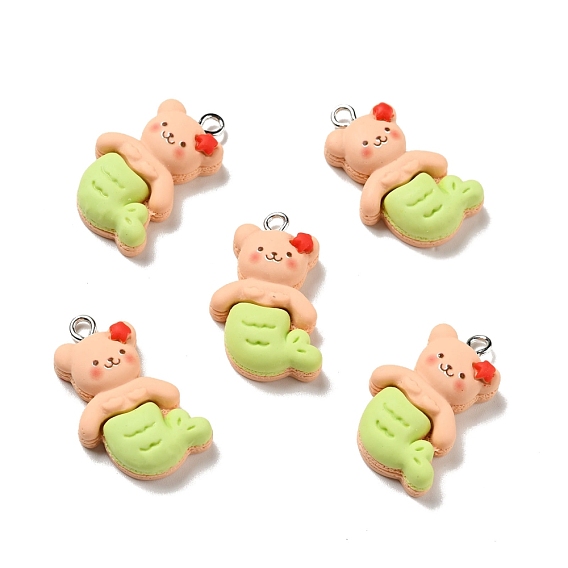 Opaque Resin Pendants, Mermaid Bear Charm, with Platinum Tone Iron Loops