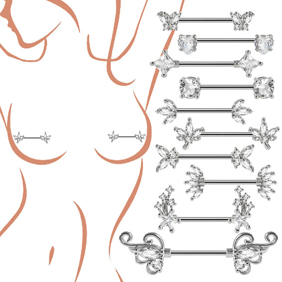 304 Кольца для сосков из нержавеющей стали с прозрачным кубическим цирконием, булавки для пирсинга сосков, цвет нержавеющей стали