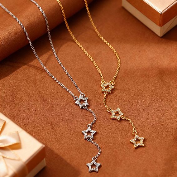 Подвеска-колье из латуни с микропаве из прозрачного кубического циркония в виде тройной звезды для женщин.