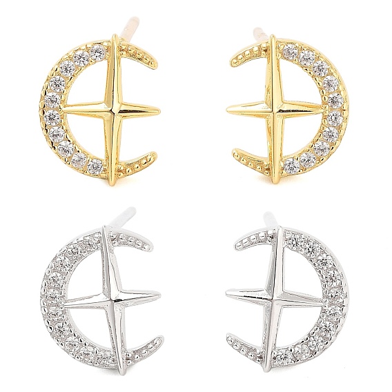 925 серьги-гвоздики из стерлингового серебра с микропаве из прозрачных кубических цирконий для женщин, Луна и звезды