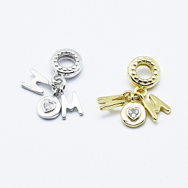 Mother's Day Theme, Brass Micro Pave Cubic Zirconia European Dangle Charms, Cadmium Free & Nickel Free & Lead Free, Word MOM