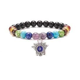 Natural Wood & Mixed Gemstone Round Beaded Stretch Bracelet, 7 Chakra Bracelet with Alloy Lotus with Lampwork Evil Eye Charm for Women