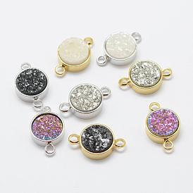Electroplated Natural Druzy Agate Links Connectors, with Brass Findings, Flat Round